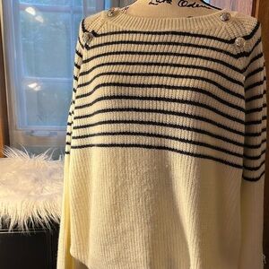 Suzanne Betro Cream Sweater w/Navy Stripes & decorative buttons Super Soft NWT